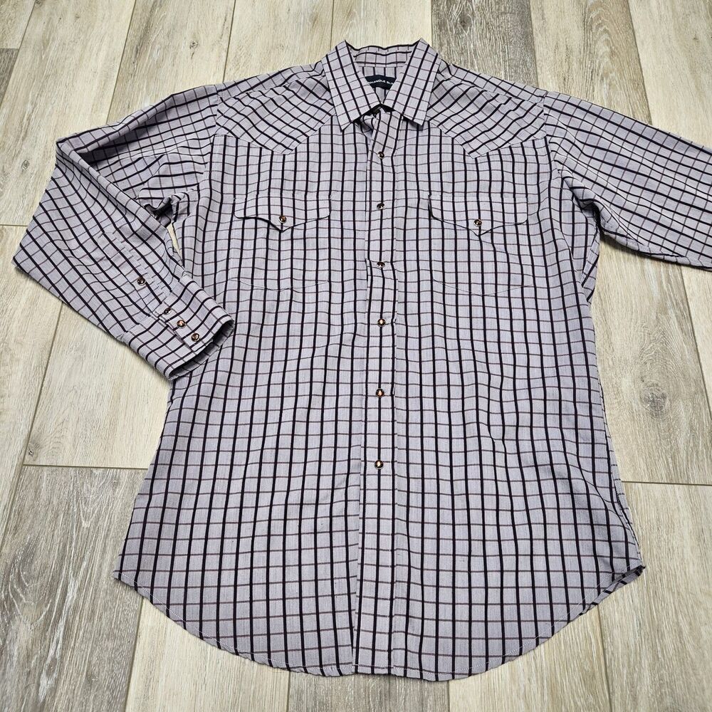 Panhandle Vintage Slim Pearl Snap Grey Plaid Shirt Men's 15.5/33 Medium